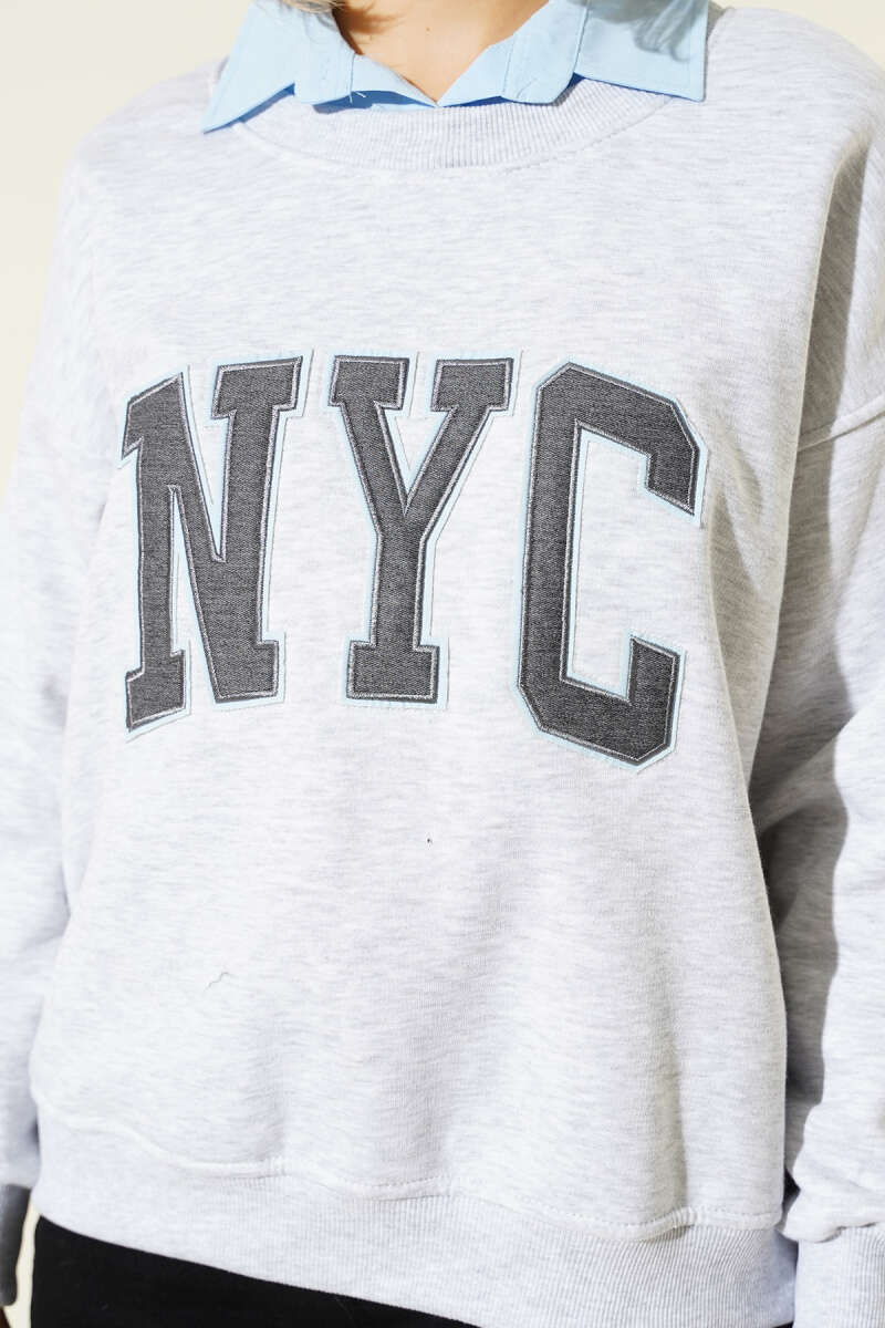 Gömlek Yaka Nyc Baskılı Şardonlu Sweatshirt Gri
