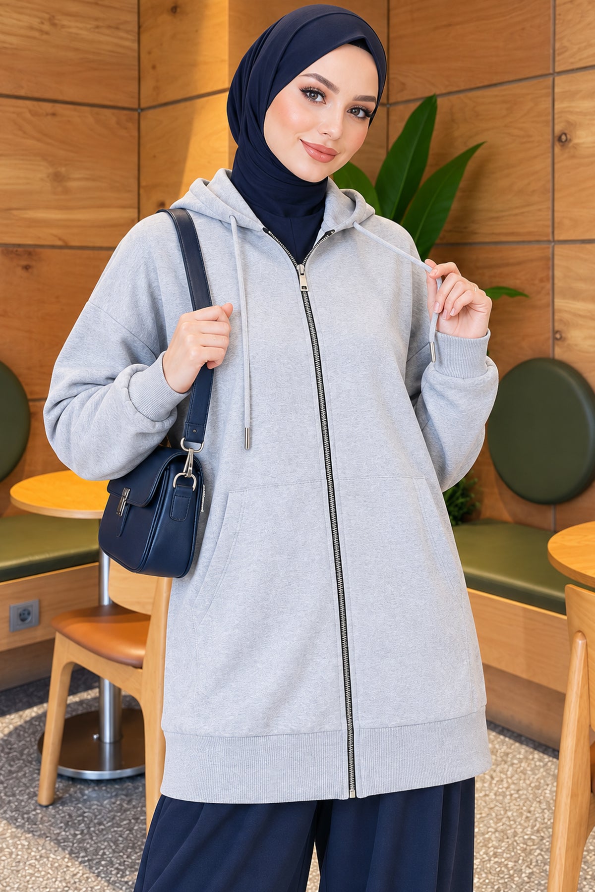 Hooded Loose Zip-Up Cardigan Brown