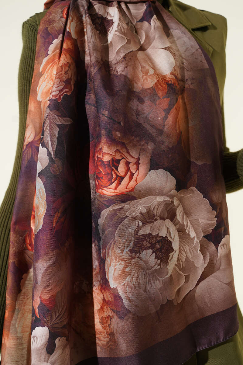 Gül Desenli Soft Şal Acı Kahve
