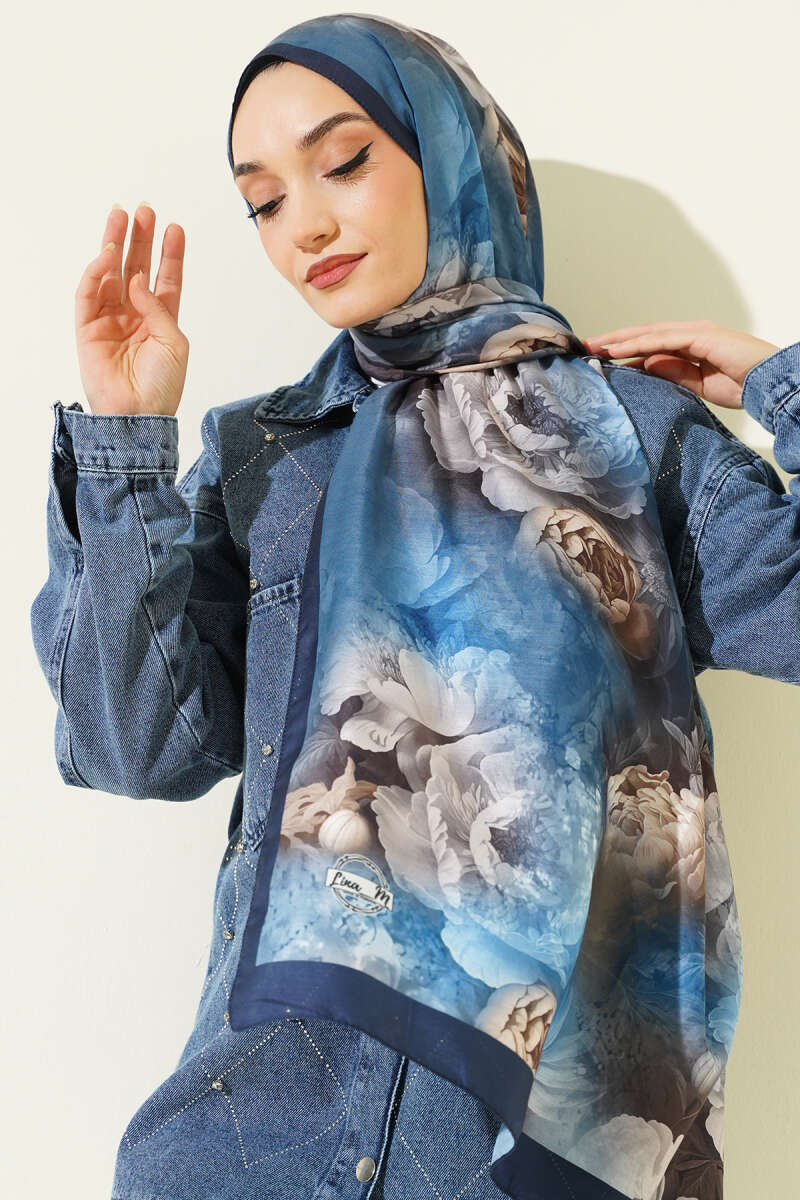 Gül Desenli Soft Şal Lacivert