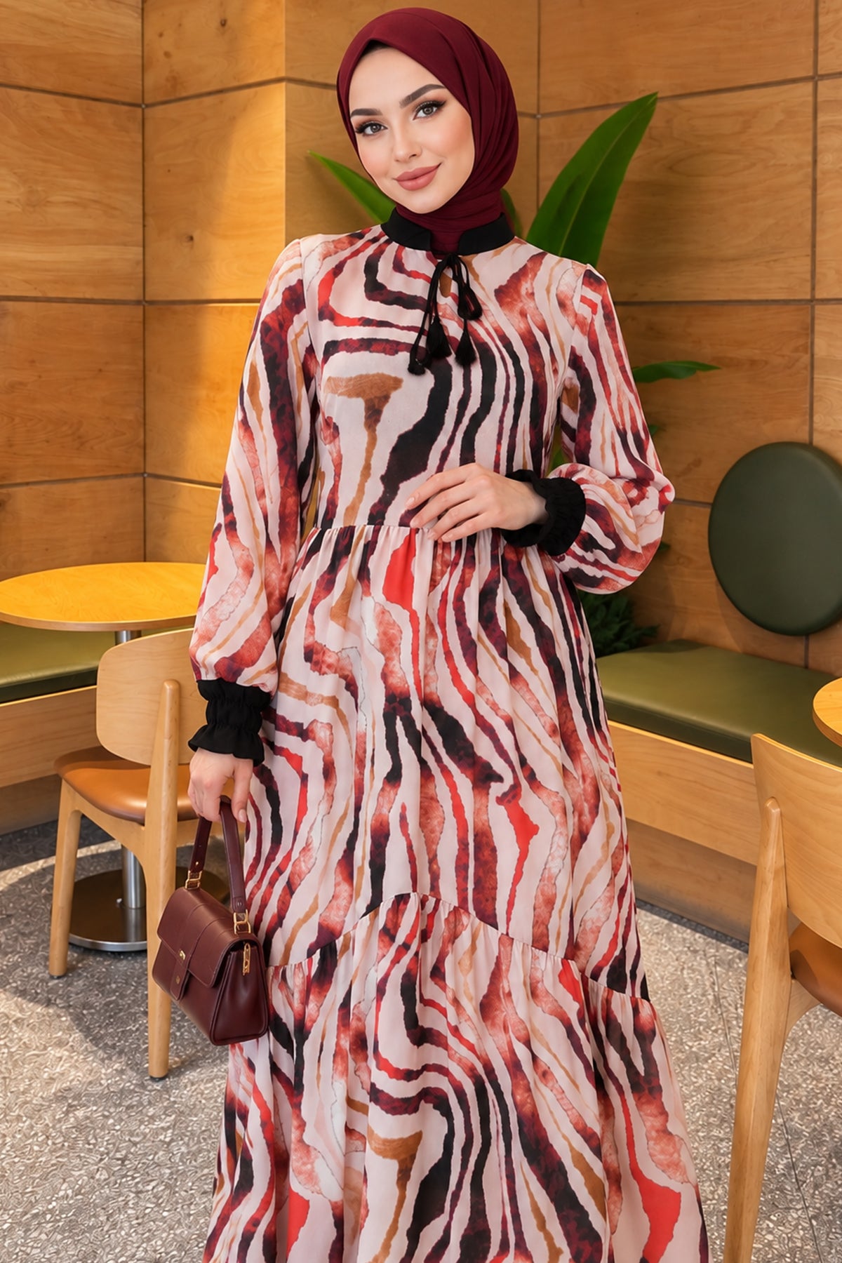 Collar Buttoned Wrist Frilled Dress Rose Dried