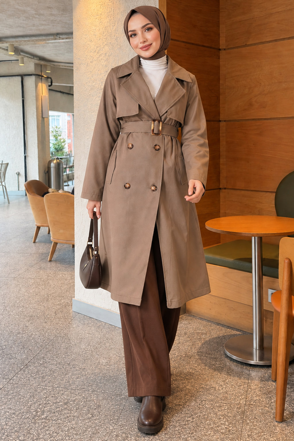 Cross Collar Pocketed Belted Trenchcoat Beige
