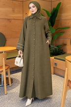 Full-Front Buttoned Abaya with Bias Trim on Sleeves Bordeaux