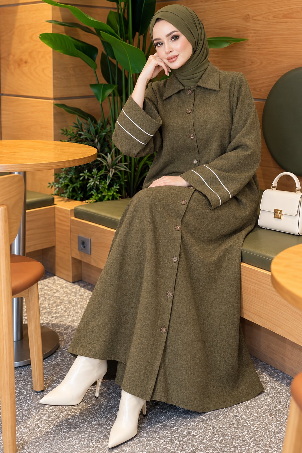 Full-Front Buttoned Abaya with Bias Trim on Sleeves Bordeaux
