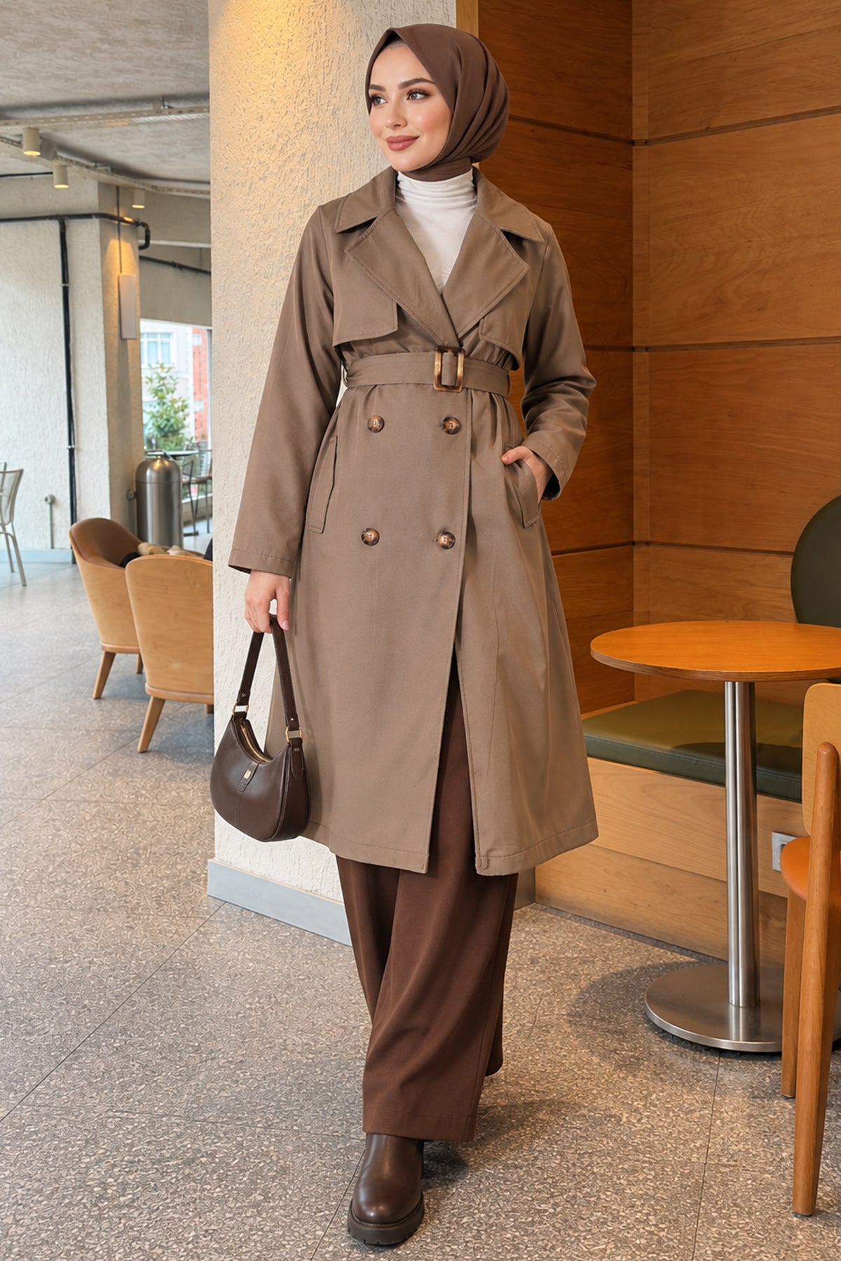 Cross Collar Pocketed Belted Trenchcoat Beige