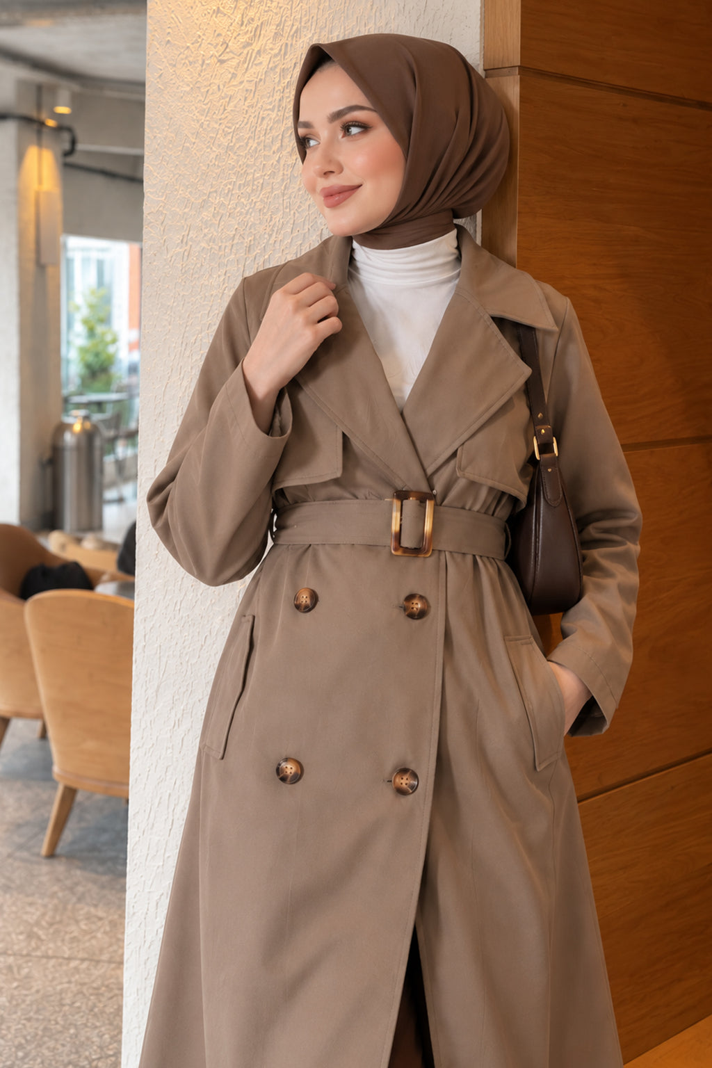 Cross Collar Pocketed Belted Trenchcoat Beige