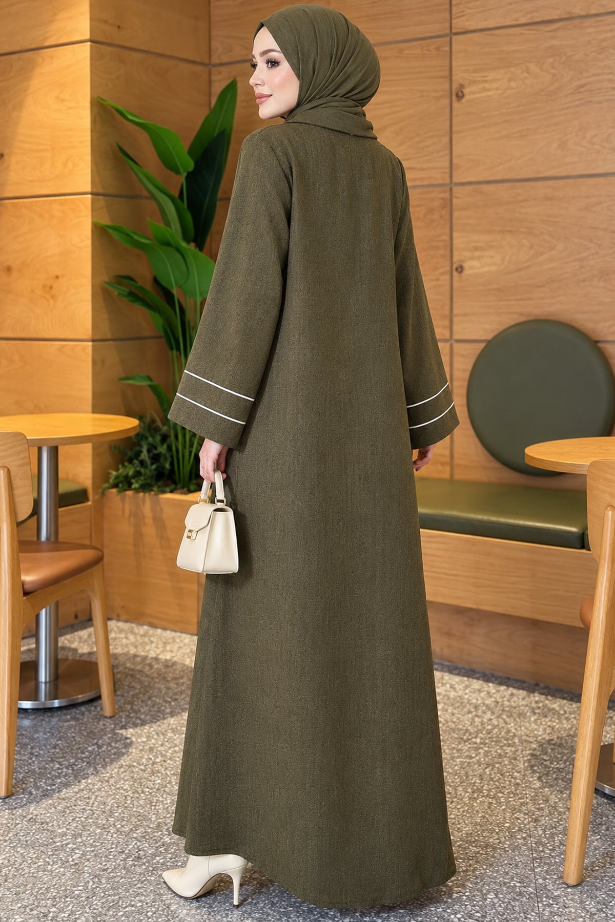 Full-Front Buttoned Abaya with Bias Trim on Sleeves Bordeaux