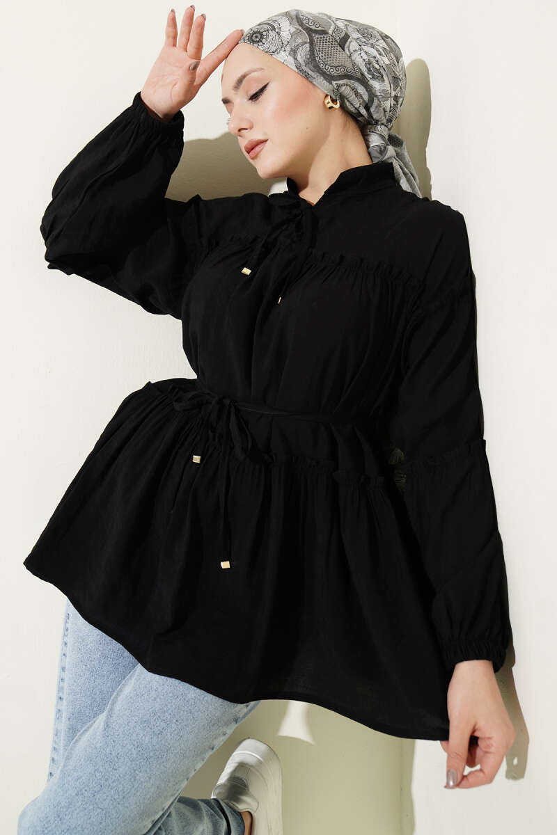 Hakim Yaka Bel İpli Tunik Siyah