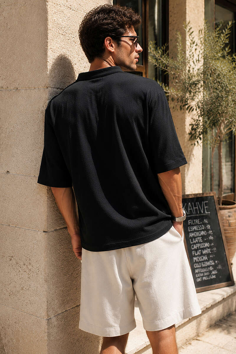 Hakim Yaka Düğmeli Erkek T-shirt Siyah