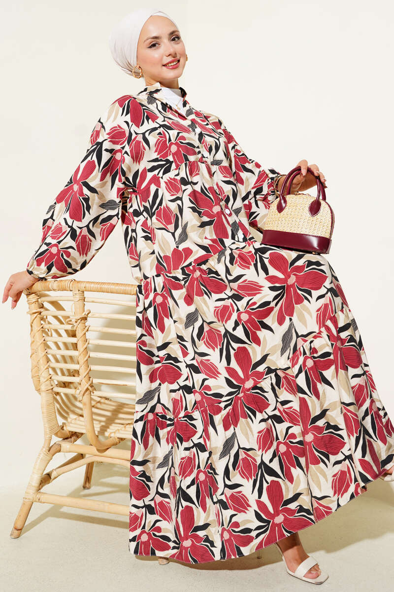 Hakim Yaka Floral Desenli Elbise