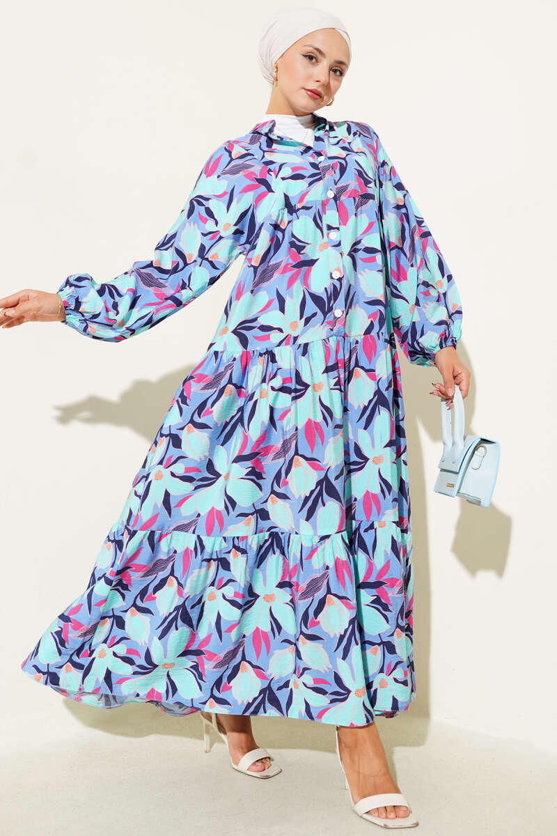Hakim Yaka Floral Desenli Elbise