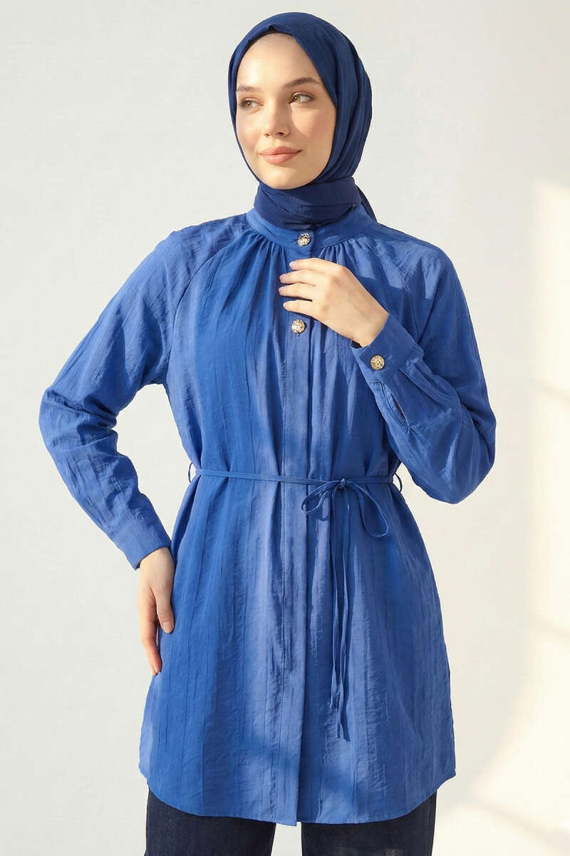 Hakim Yaka Patlı Gömlek Sax Mavi