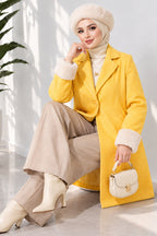 Mustard Collar Plush Zigzag Pattern Coat