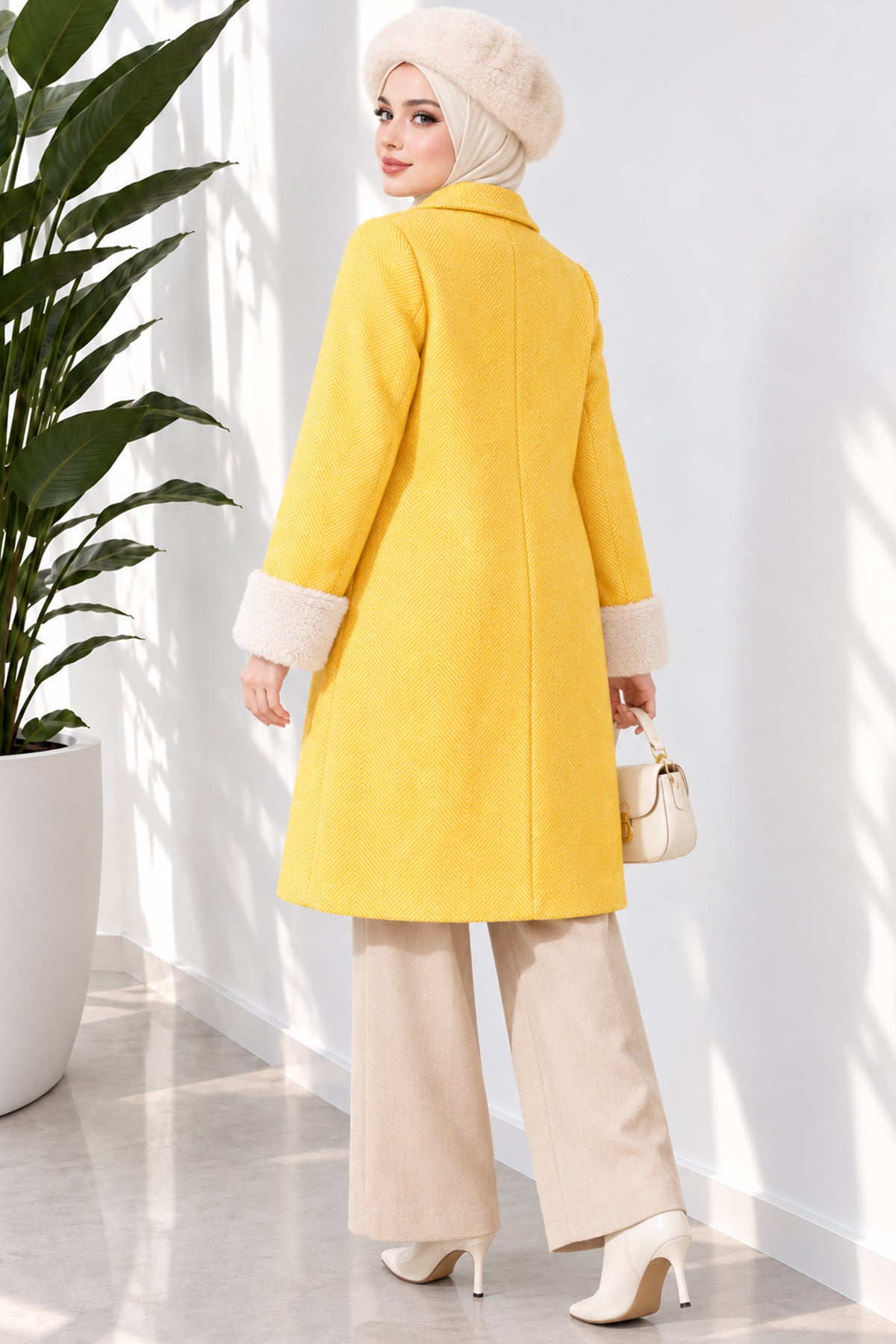 Mustard Collar Plush Zigzag Pattern Coat