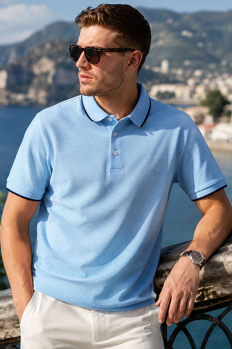 Yarım Düğmeli Polo Yaka Waffle Erkek T-shirt Mavi