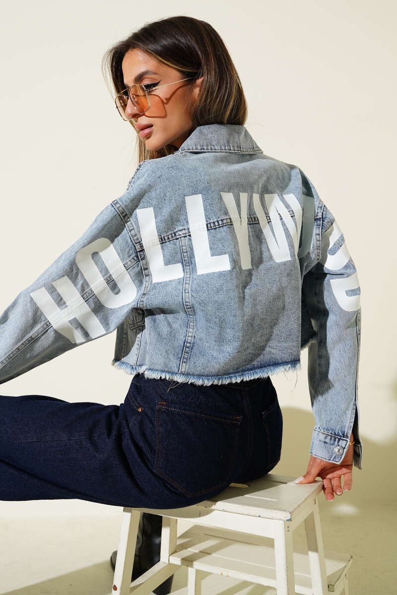 Hollywood Baskılı Crop Ceket