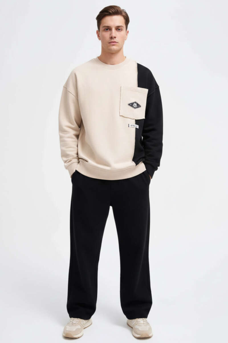 İki Renkli Cepli Erkek Sweatshirt