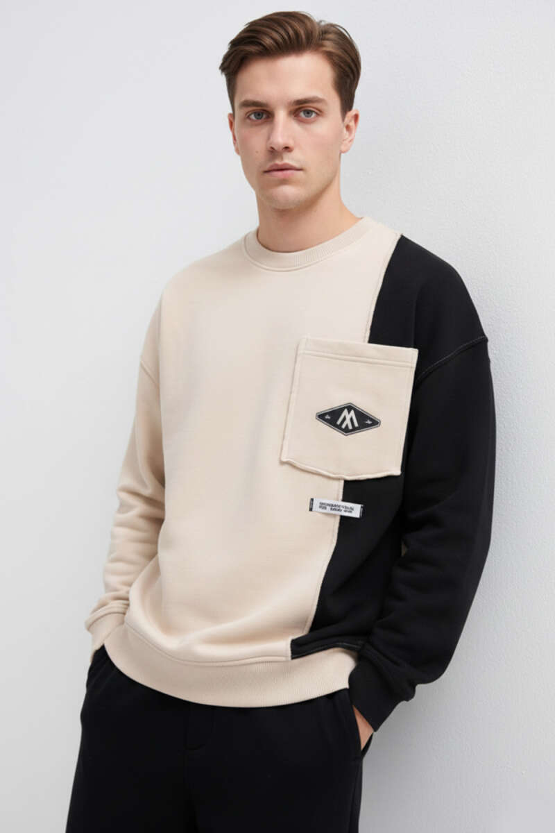 İki Renkli Cepli Erkek Sweatshirt