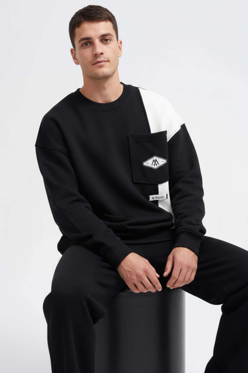İki Renkli Cepli Erkek Sweatshirt