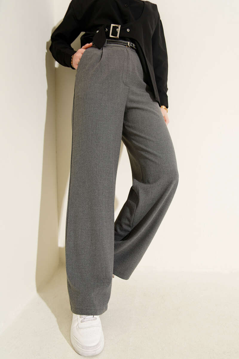 Pleated Fabric Pants with Thin Belt