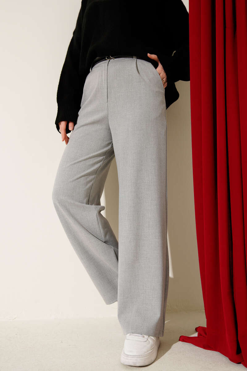 Pleated Fabric Pants with Thin Belt