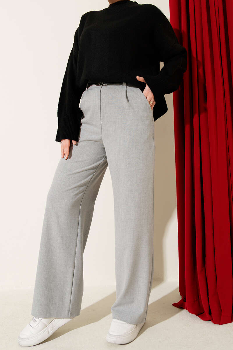 Pleated Fabric Pants with Thin Belt