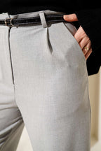 Pleated Fabric Pants with Thin Belt