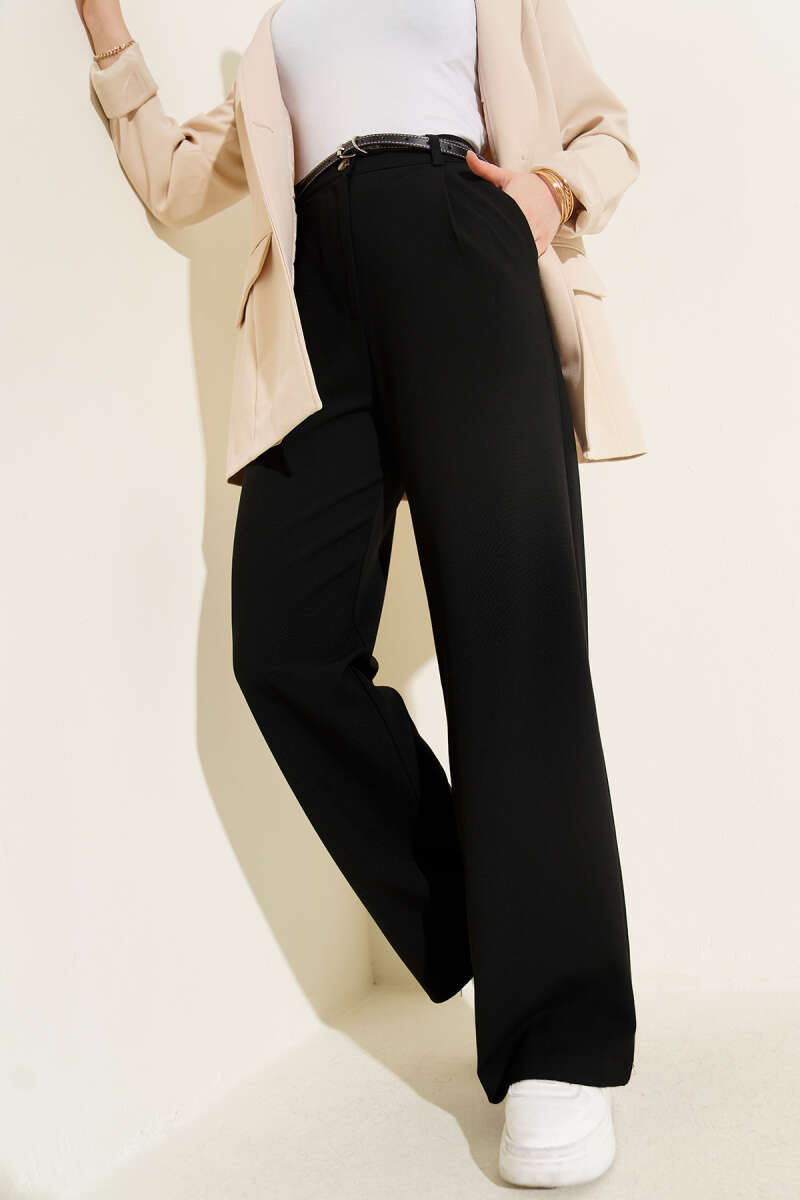 Pleated Fabric Pants with Thin Belt