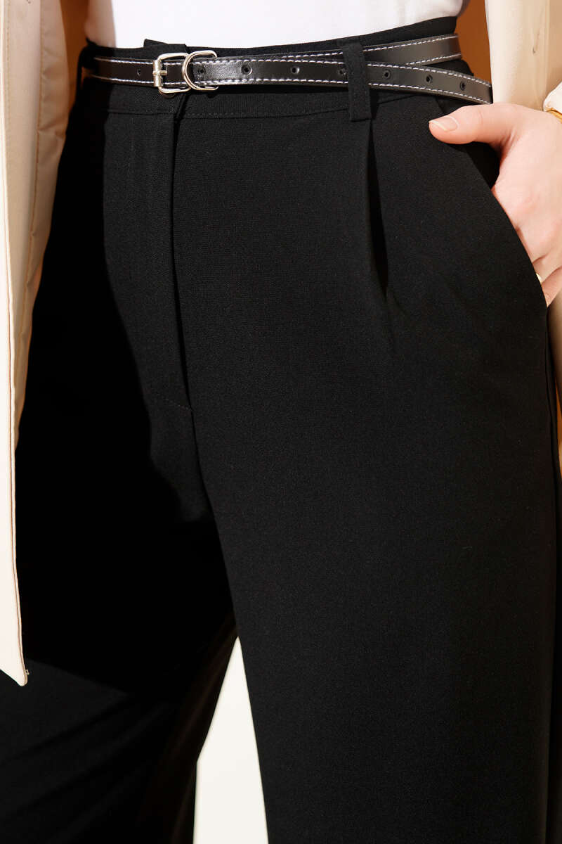 Pleated Fabric Pants with Thin Belt