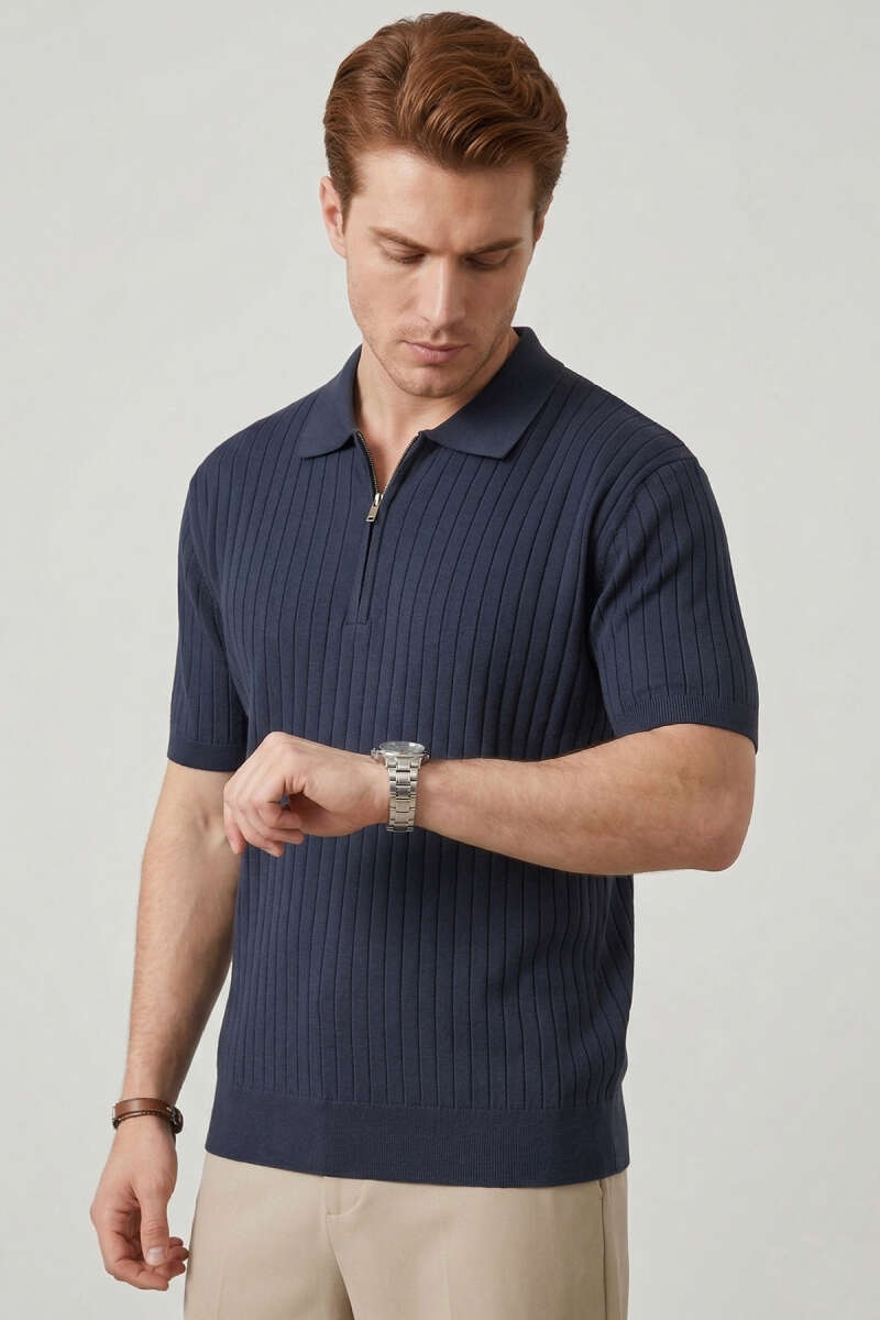 İnce Polo Yaka Merserize Erkek T-shirt Koyu Lacivert