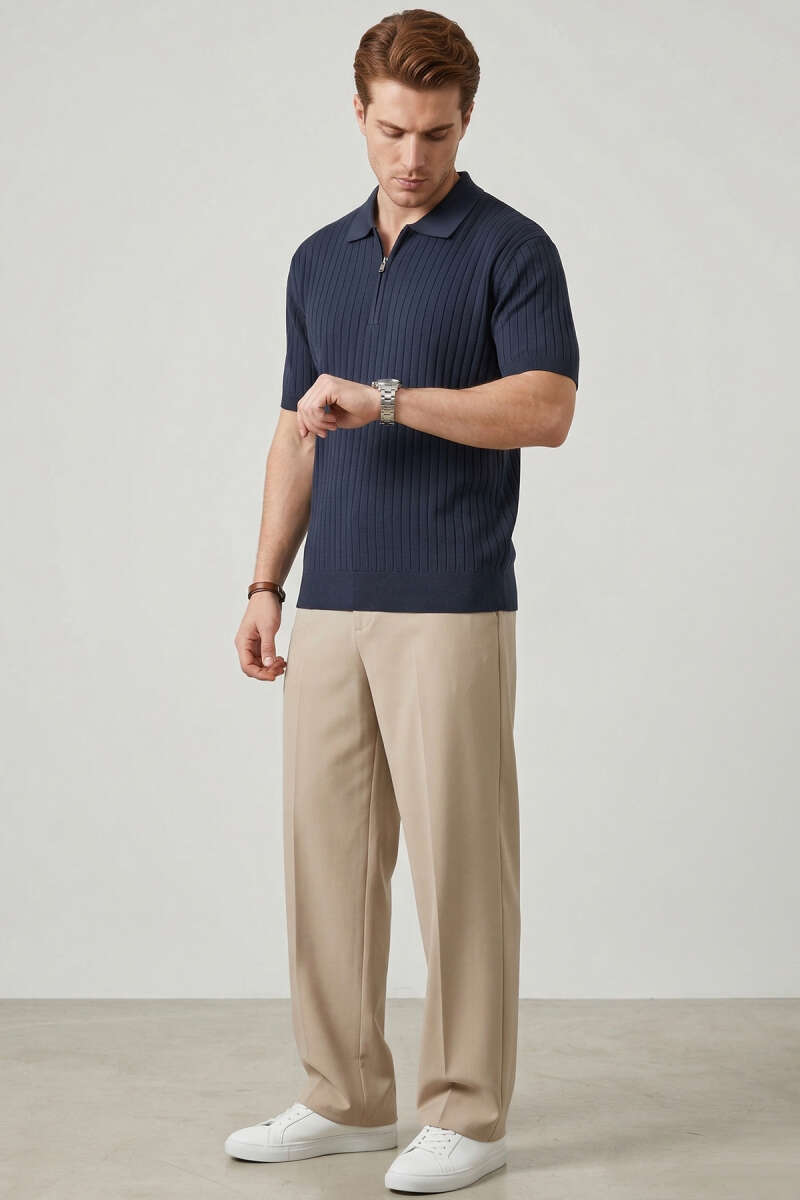İnce Polo Yaka Merserize Erkek T-shirt Koyu Lacivert