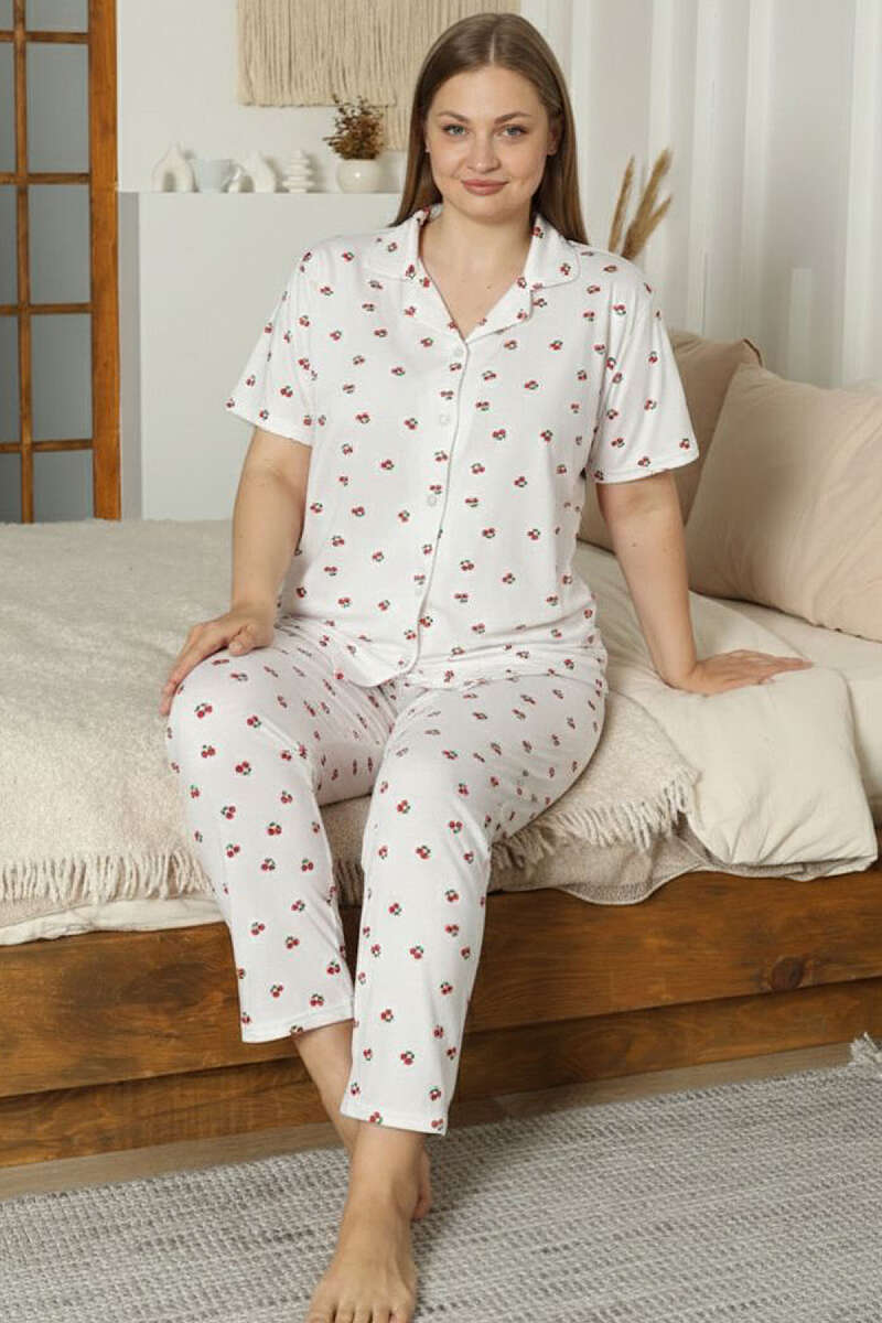 İnci Düğmeli Kirazlı Büyük Beden Pijama Takımı