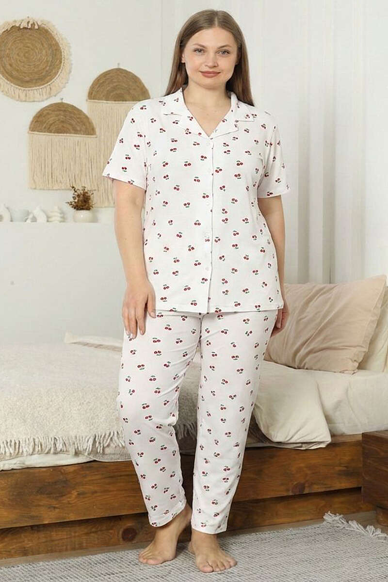 İnci Düğmeli Kirazlı Büyük Beden Pijama Takımı