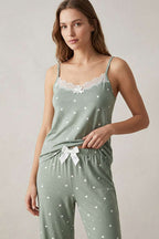 İp Askılı Dantelli Kalp Baskılı Askılı Pijama Takımı Çağla Yeşili