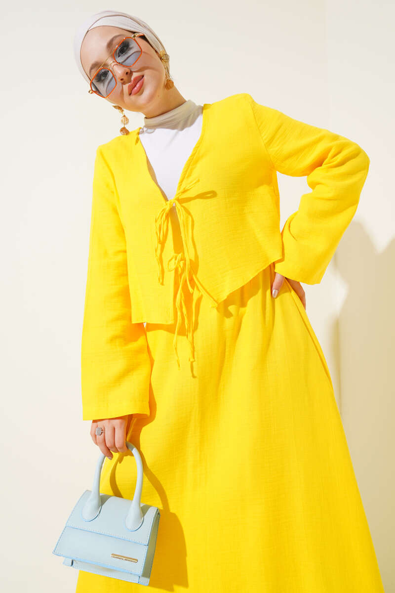 İp Bağcık Kimono Etekli İkili Takım Sarı