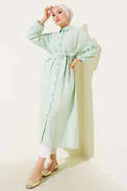 Front Buttoned Long Tunic With Drawstring Ties
