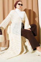 Openwork Long Knitted Cardigan with String Ties