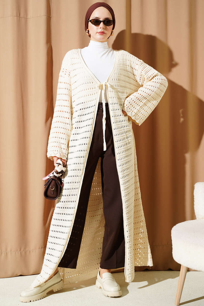 Openwork Long Knitted Cardigan with String Ties