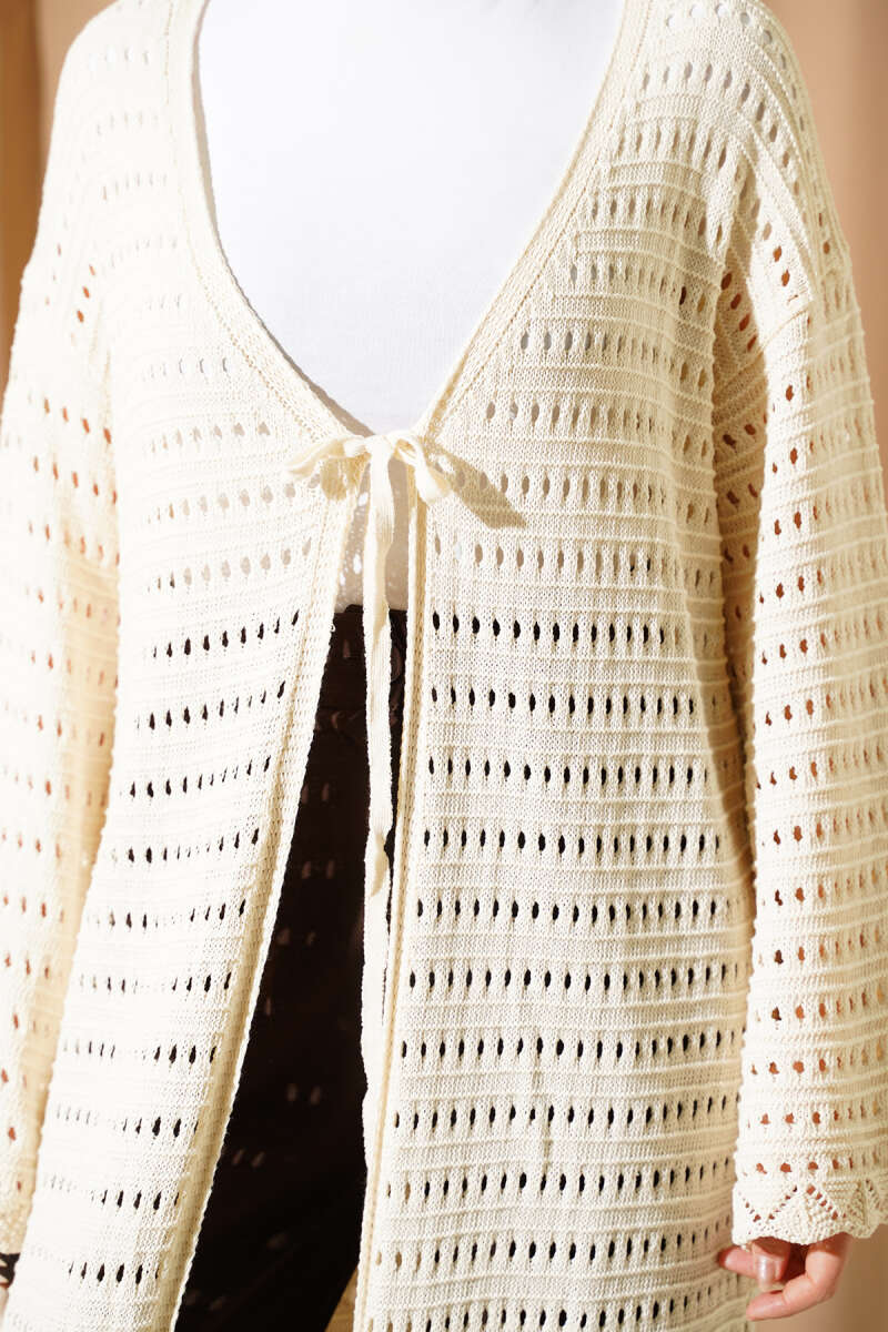 Openwork Long Knitted Cardigan with String Ties