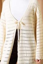 Openwork Long Knitted Cardigan with String Ties