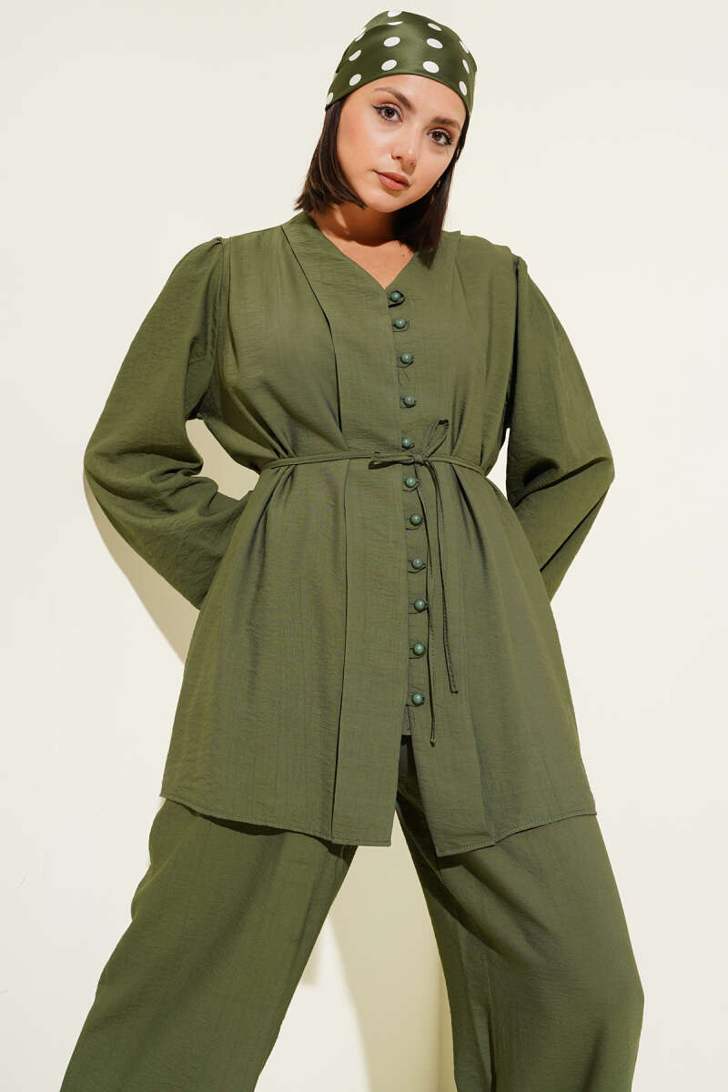 İp Kuşaklı Brit Düğmeli İkili Takım