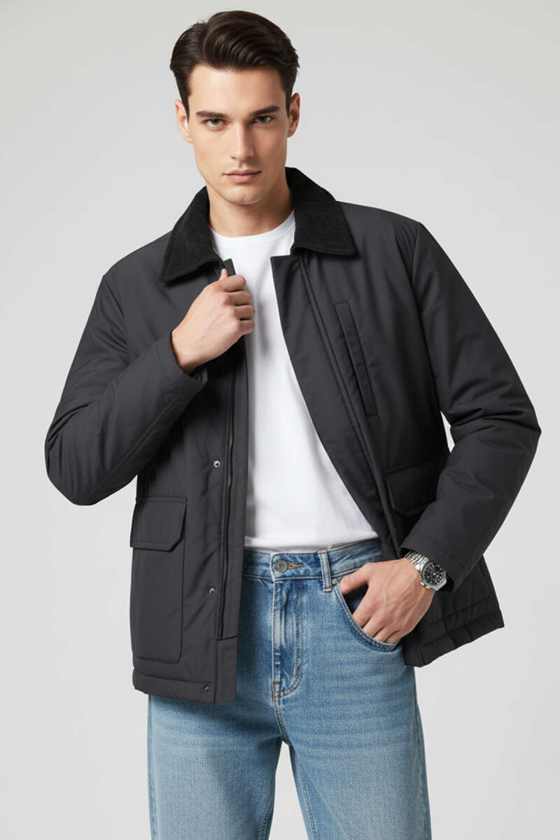 Kadife Yaka Fermuarlı Erkek Mont