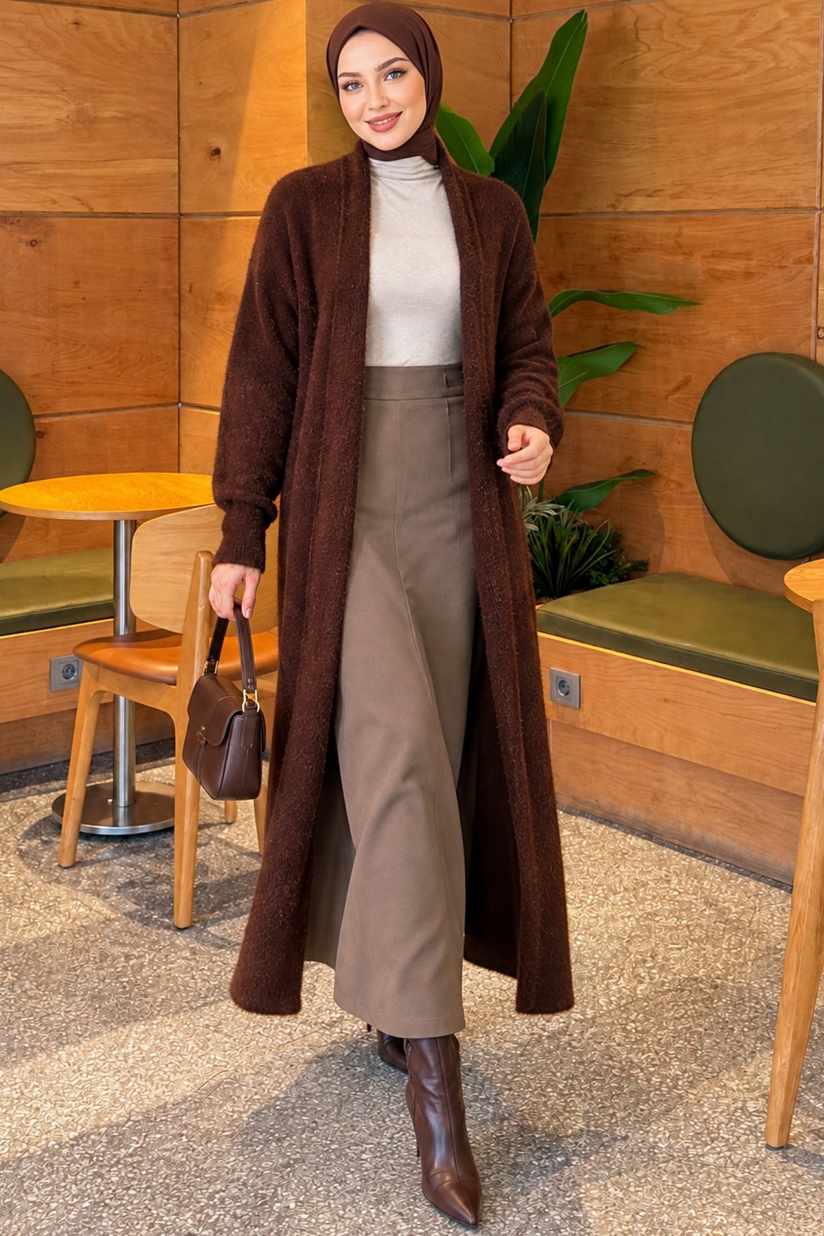Shawl Collar Bearded Long Cardigan Burgundy