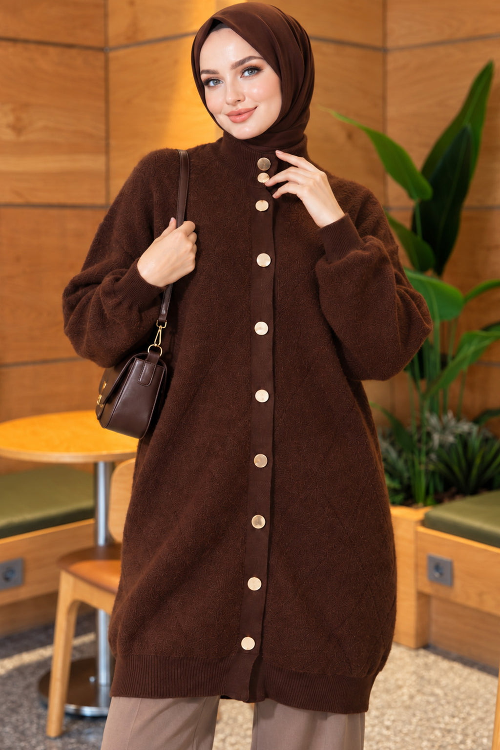 Baklava Patterned Buttoned Bearded Cardigan Burgundy