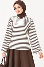 Batwing Sleeve Striped Blouse Brown