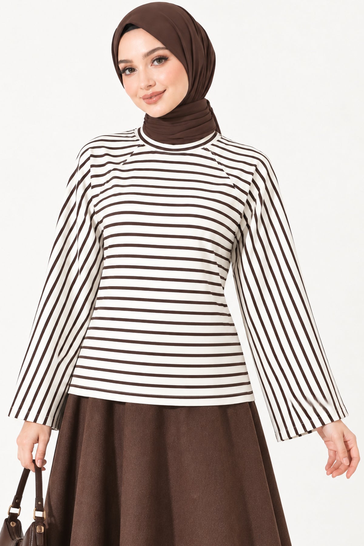 Batwing Sleeve Striped Blouse Brown