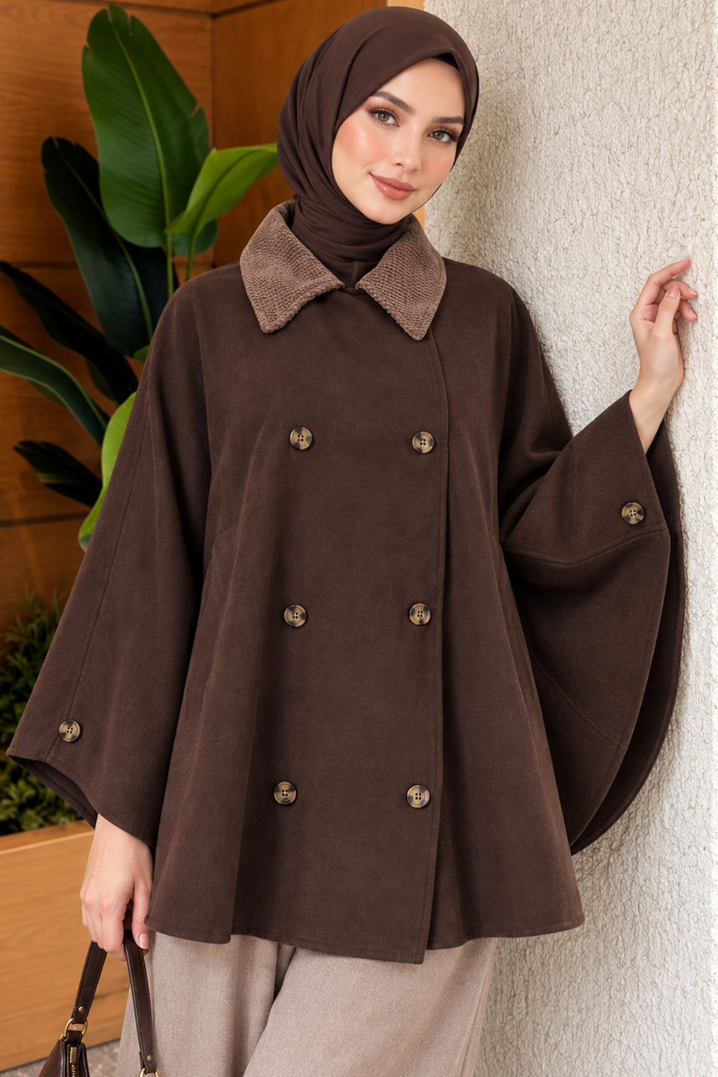 Velvet Collar Buttoned Poncho Coffee