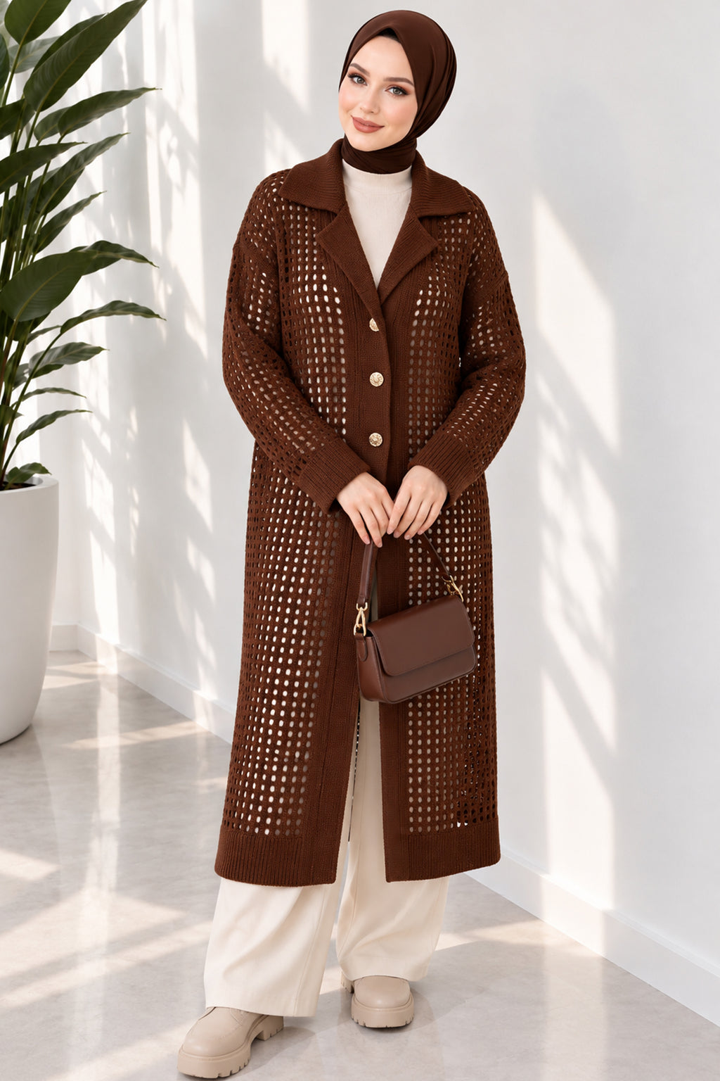 Openwork Button Detailed Knit Cardigan Beige