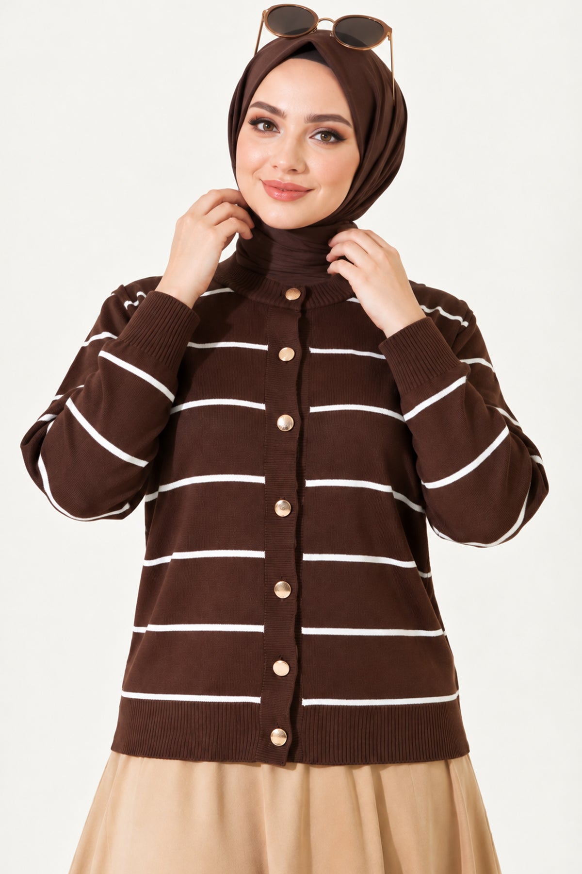 Gold Buttoned Striped Mercerized Cardigan White