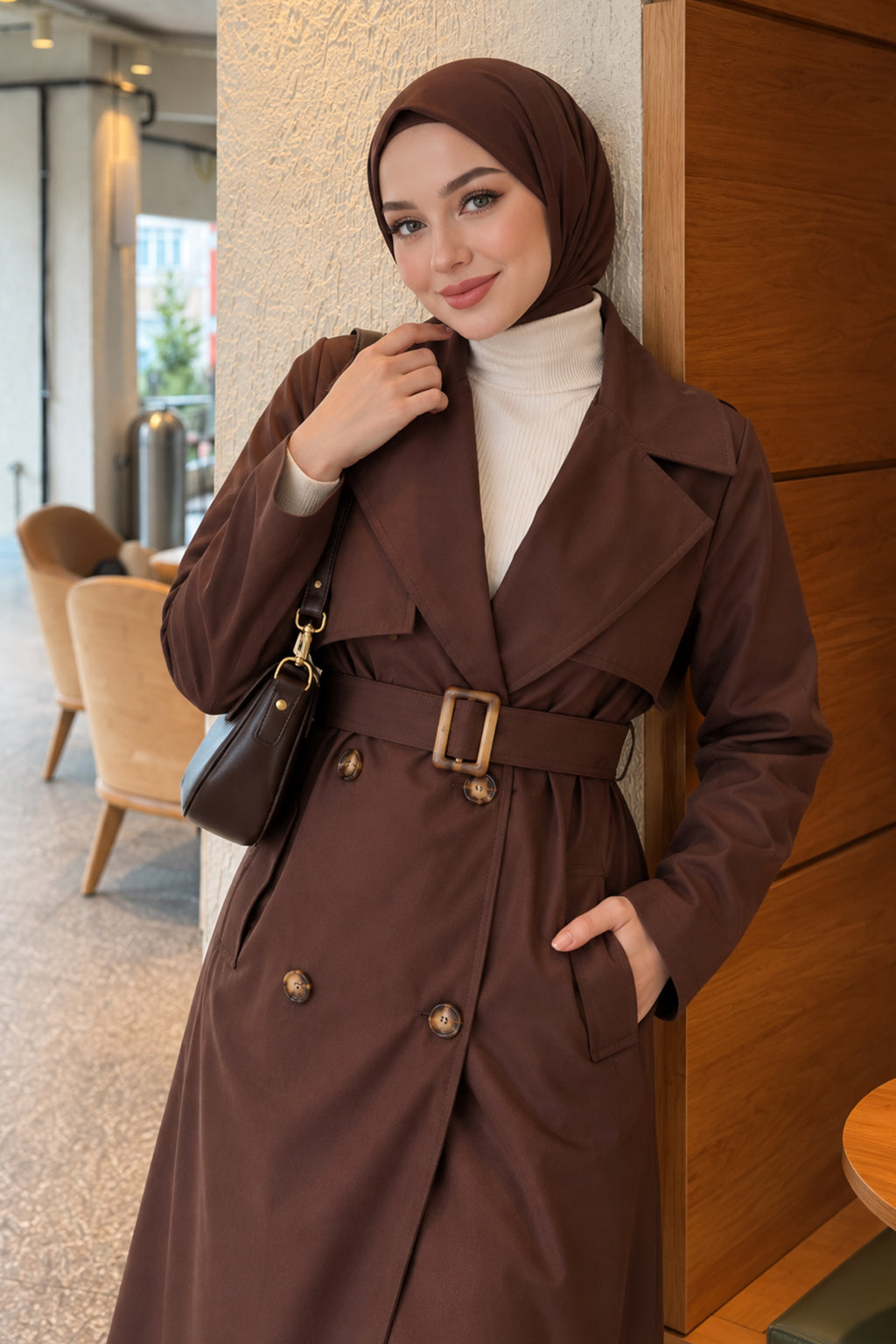 Cross Collar Pocketed Belted Trenchcoat Beige